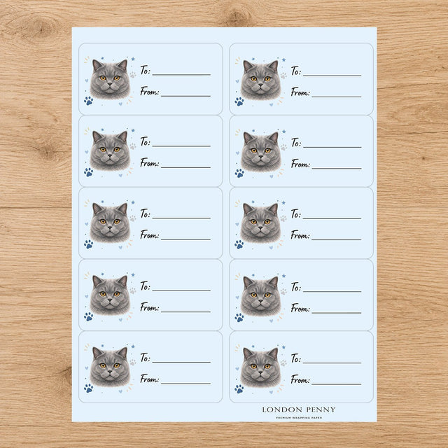British Shorthair Pawprint Wishes Gift Tag Sticker Sheet - London Penny Gift Wrap