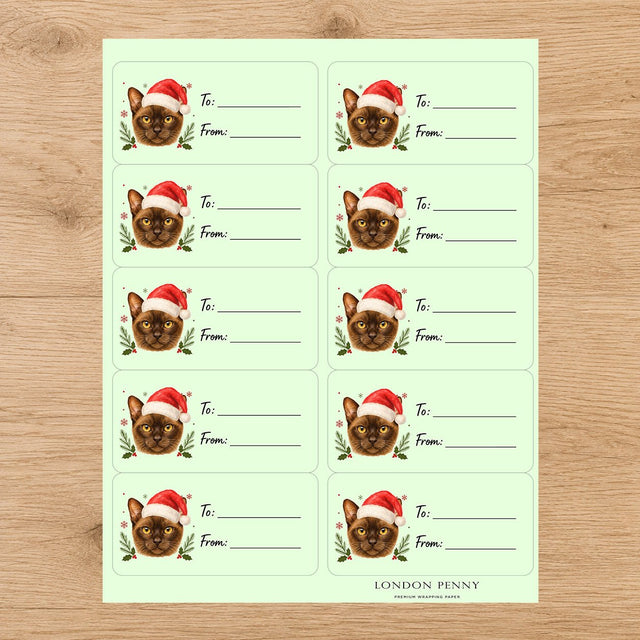 Burmese Santa Paws Gift Tag Sticker Sheet - London Penny Gift Wrap