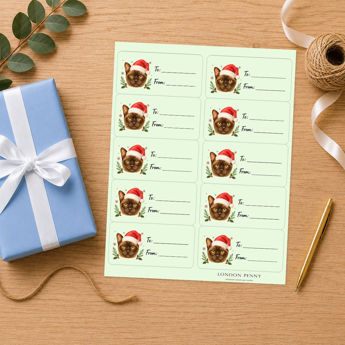 Burmese Santa Paws Gift Tag Sticker Sheet - London Penny Gift Wrap