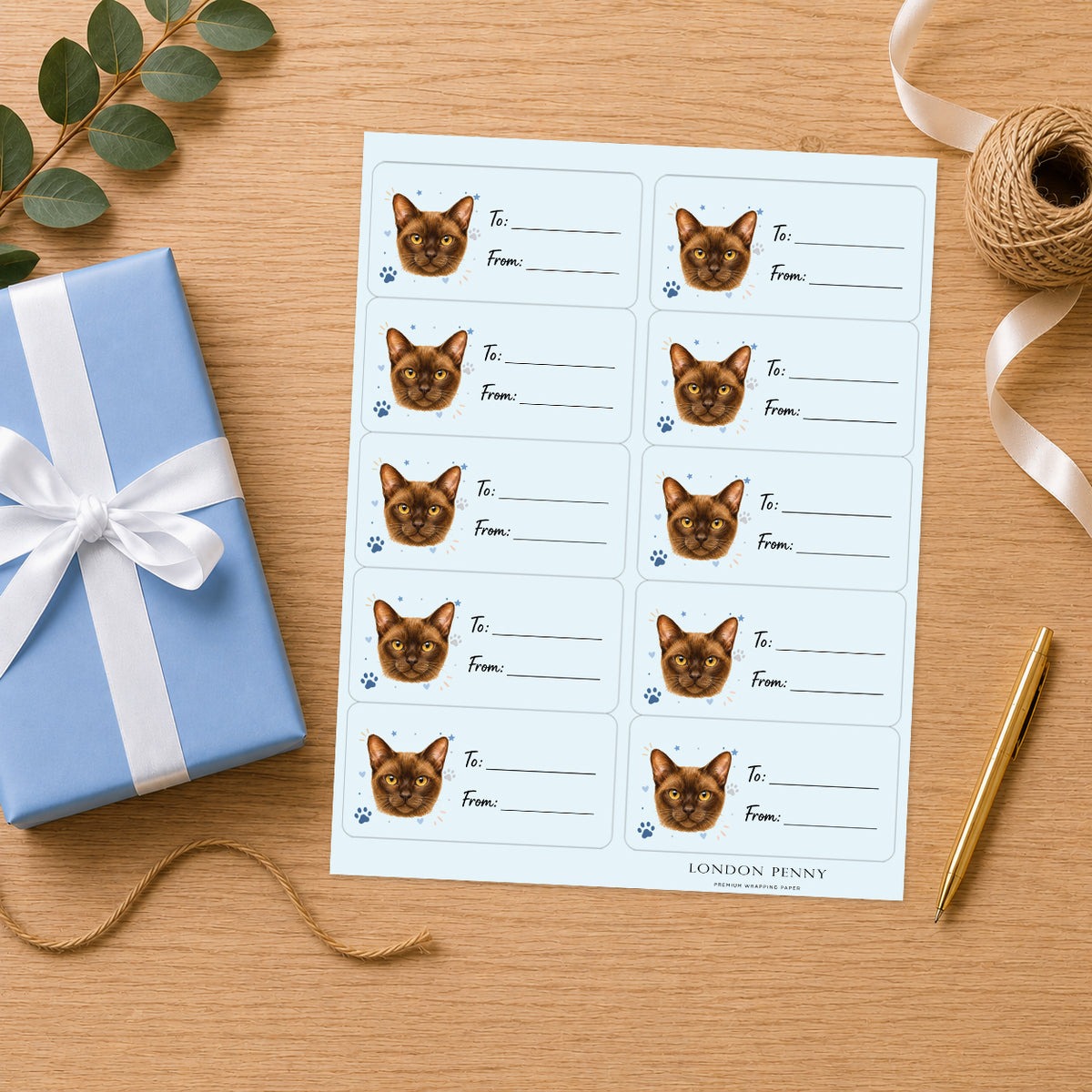 Burmese Pawprint Wishes Gift Tag Sticker Sheet
