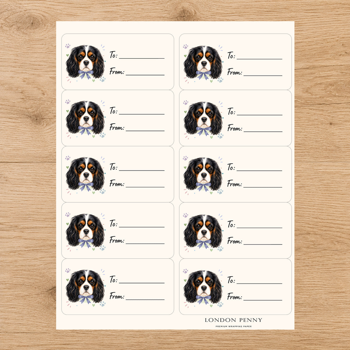 Cavalier King Charles Spaniel Paws & Bows Gift Tag Sticker Sheet