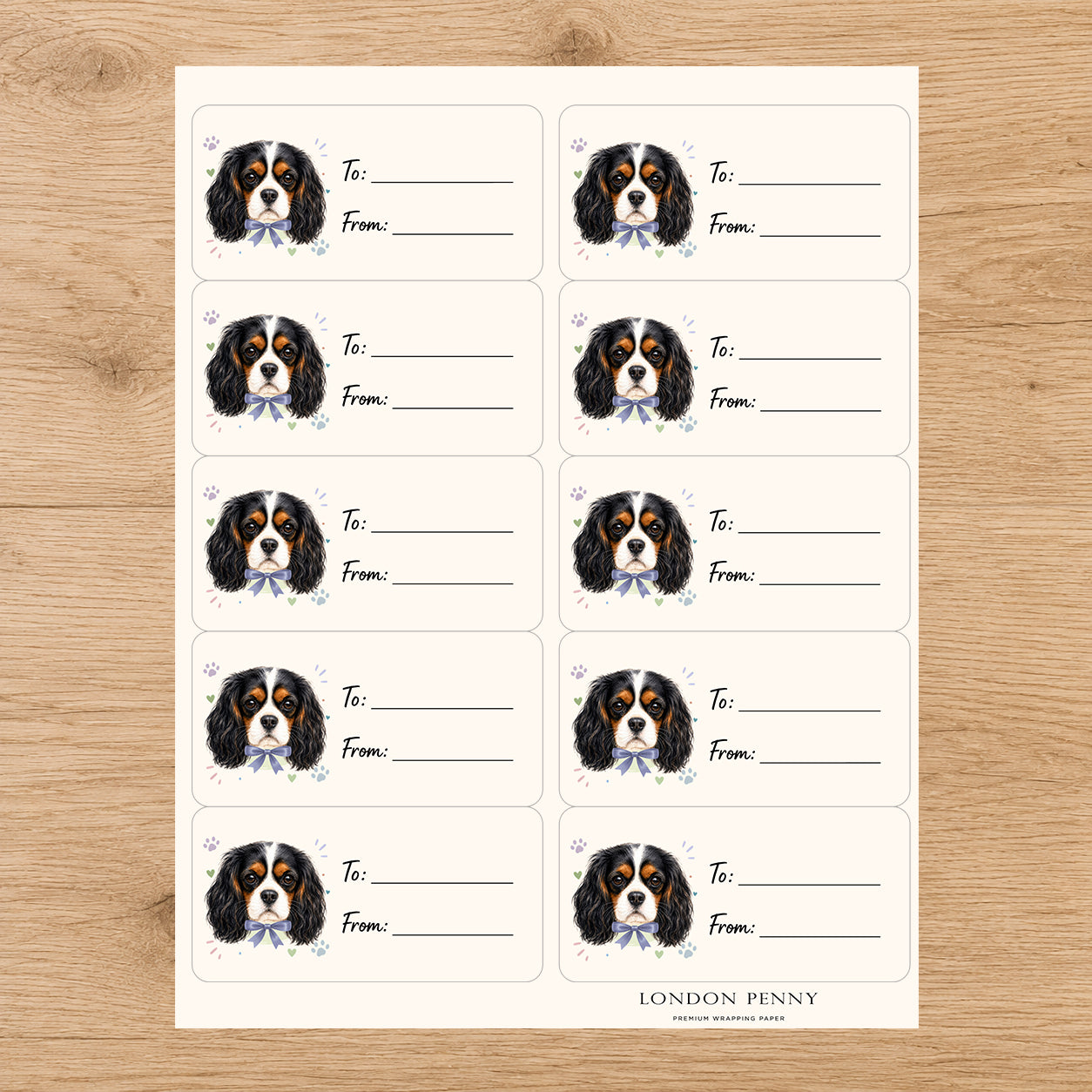 Cavalier King Charles Spaniel Paws & Bows Gift Tag Sticker Sheet