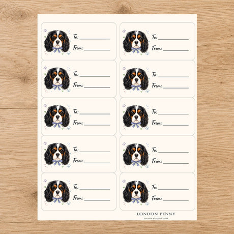 Cavalier King Charles Spaniel Paws & Bows Gift Tag Sticker Sheet - London Penny Gift Wrap