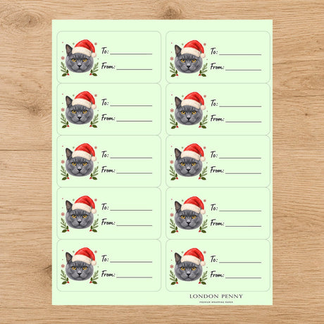 Chartreux Santa Paws Gift Tag Sticker Sheet - London Penny Gift Wrap