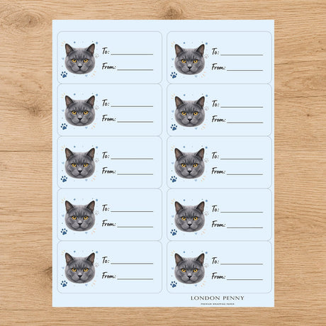 Chartreux Pawprint Wishes Gift Tag Sticker Sheet - London Penny Gift Wrap