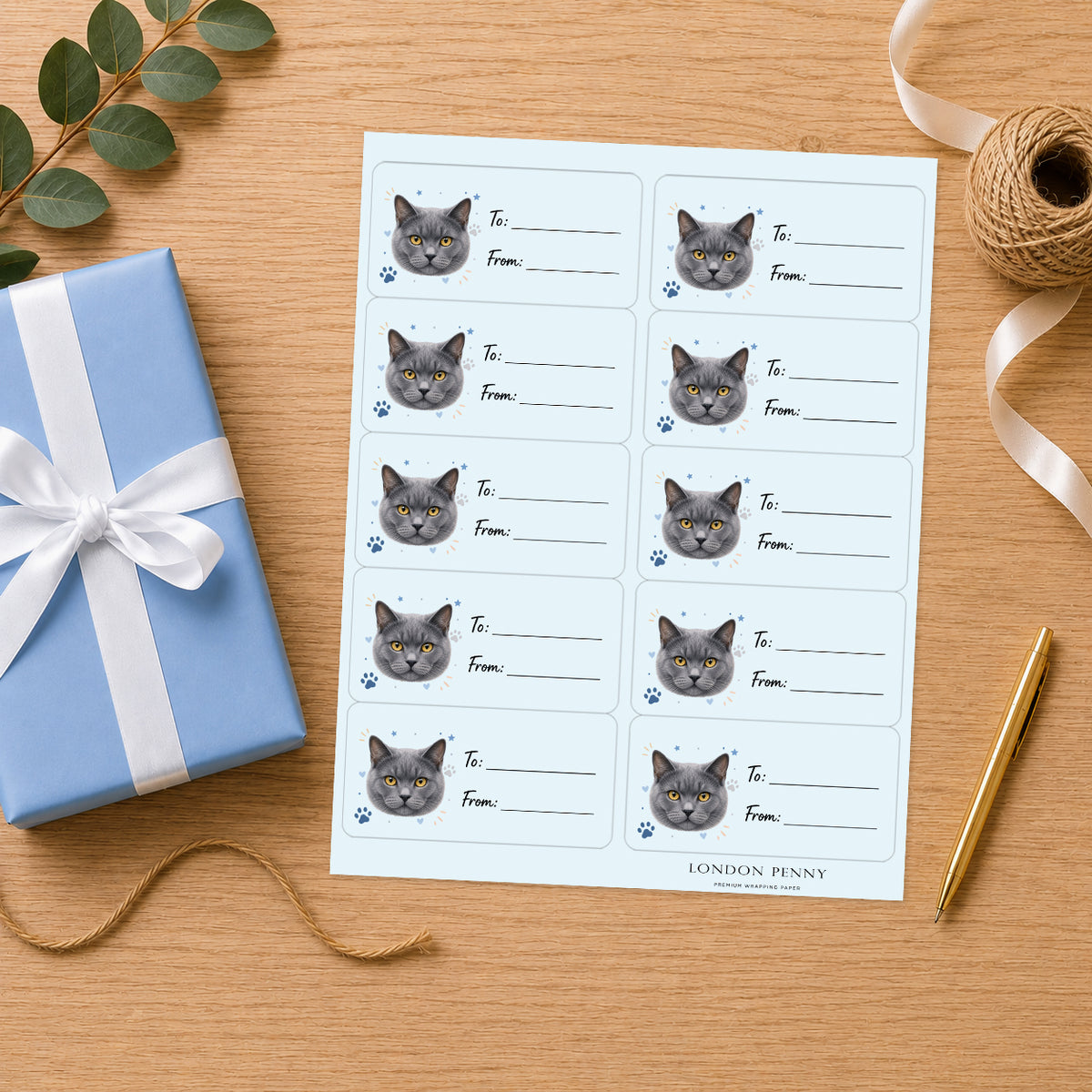 Chartreux Pawprint Wishes Gift Tag Sticker Sheet