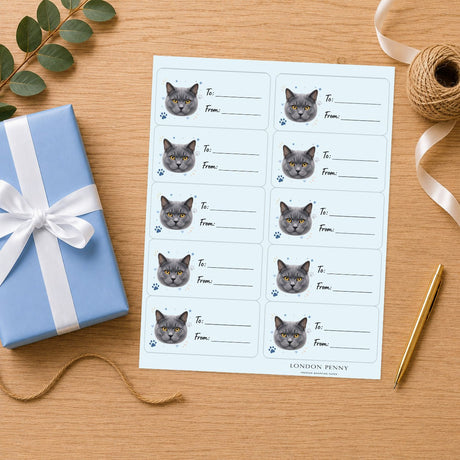 Chartreux Pawprint Wishes Gift Tag Sticker Sheet - London Penny Gift Wrap