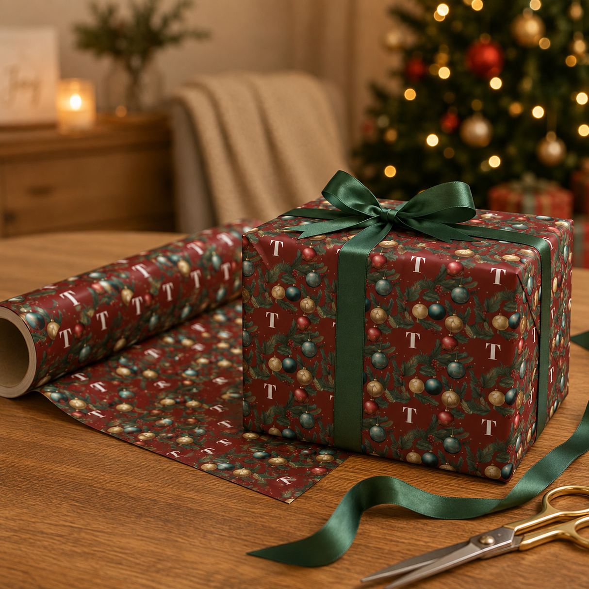 Personalized Fir & Frost Holiday Monogram Wrapping Paper | Custom Gift Wrap