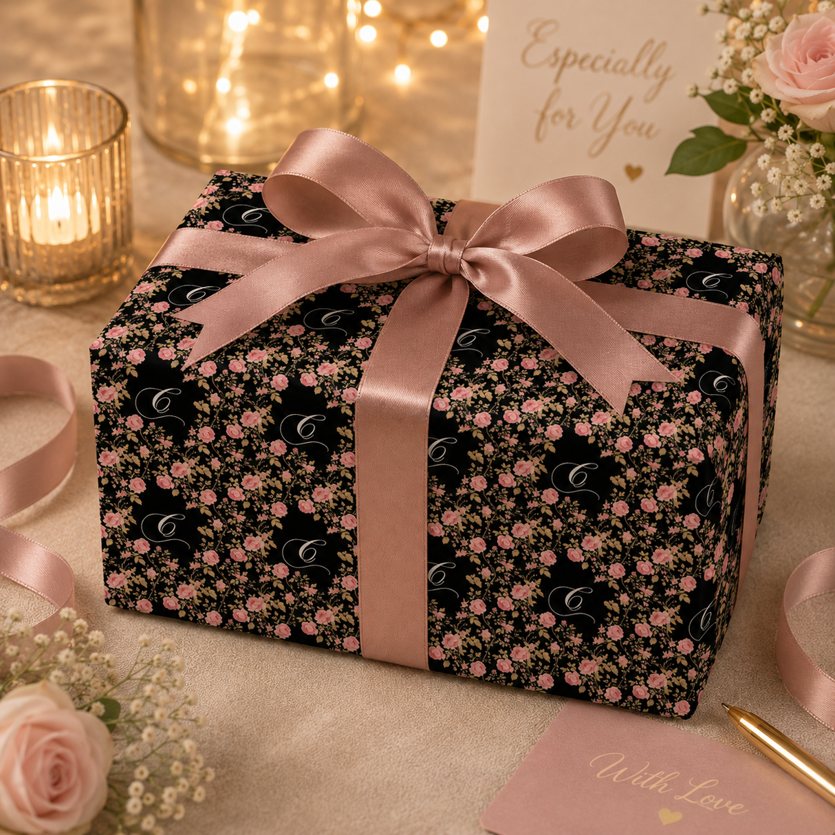 Personalized Blushing Vines Monogram Wrapping Paper | Custom Gift Wrap