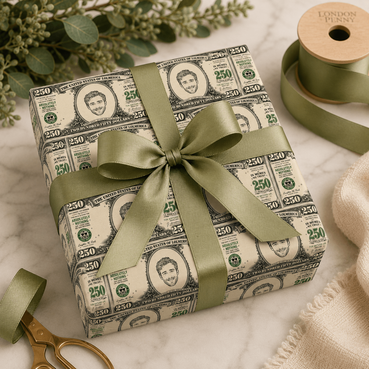 Personalized $250 Bill 6FT Wrapping Paper | Custom Gift Wrap - London Penny Gift Wrap