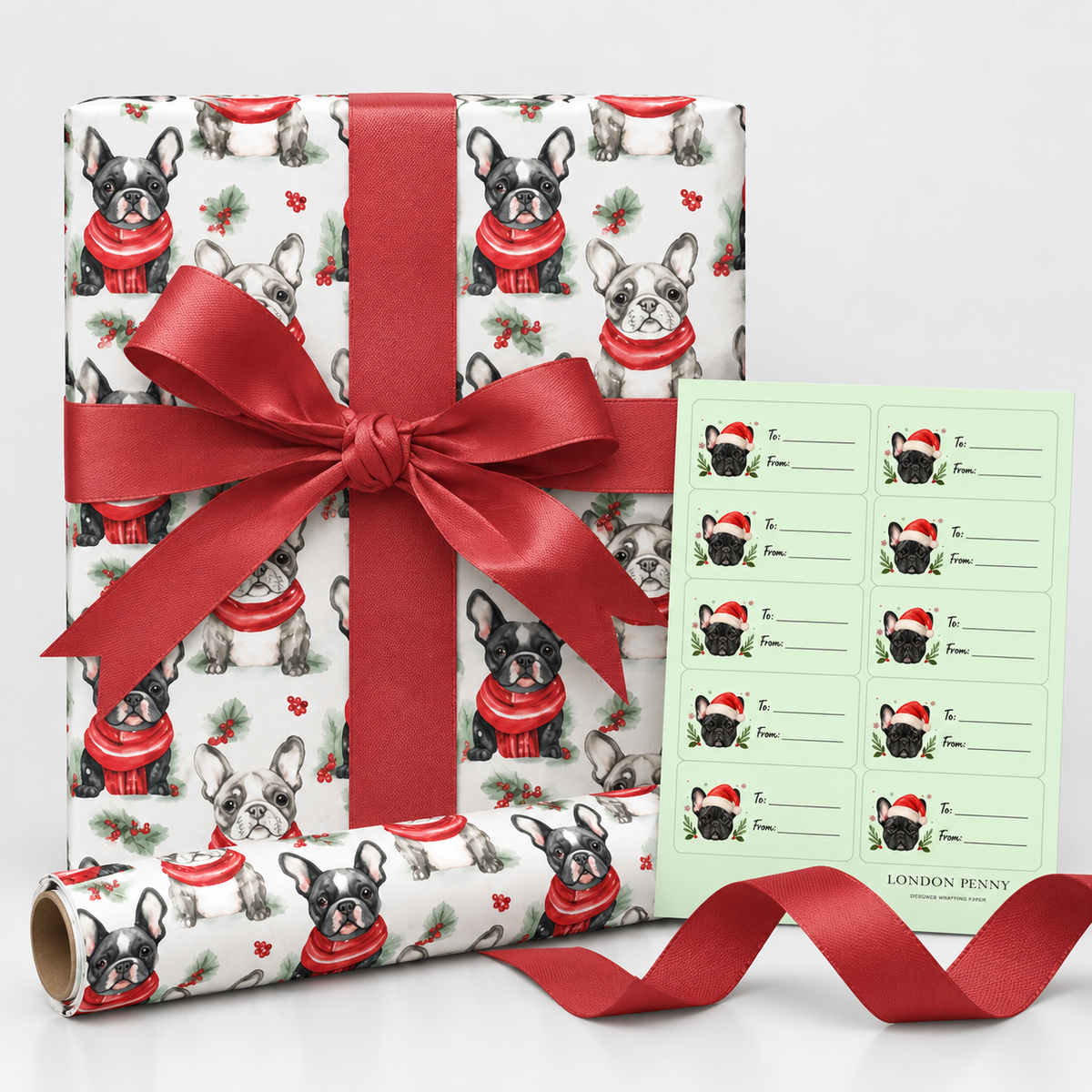 Frenchie & Festive Christmas Gift Wrap Bundle | Wrap, Ribbon & Gift Tags