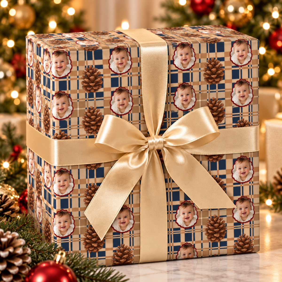 Personalized Plaid & Pinecones Wrapping Paper | Custom Gift Wrap