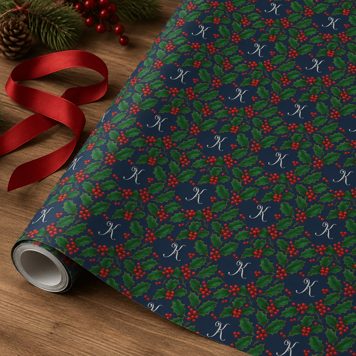 Personalized Victorian Holly Monogram Wrapping Paper | Custom Gift Wrap - London Penny Gift Wrap