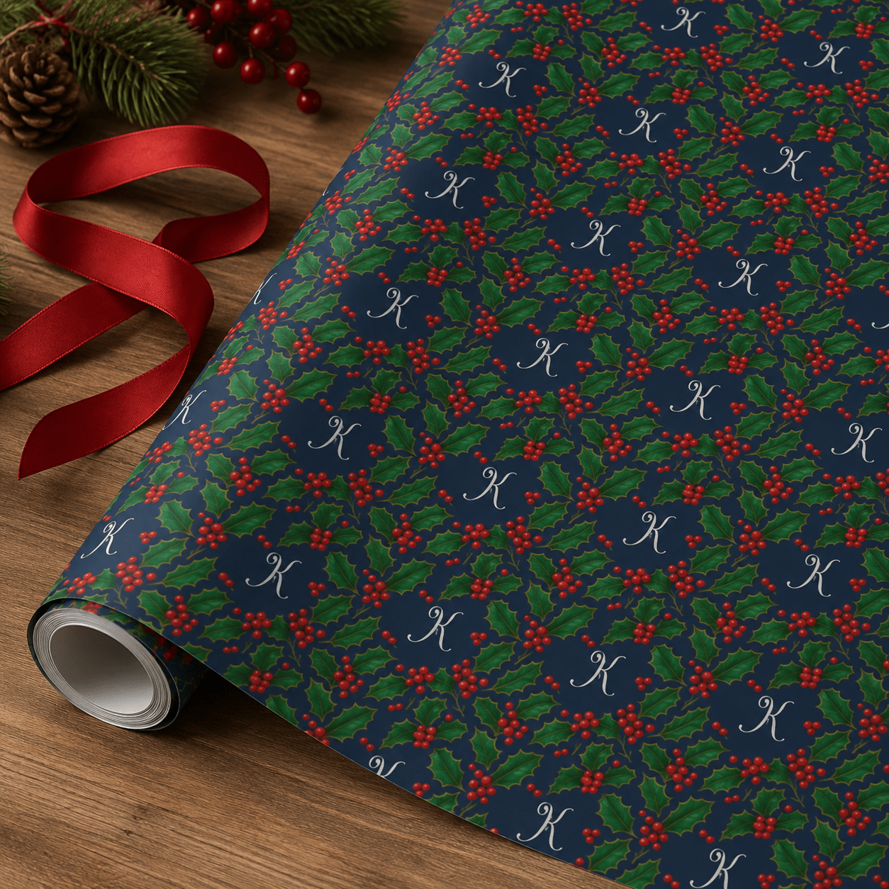 Personalized Victorian Holly Monogram Wrapping Paper | Custom Gift Wrap - London Penny Gift Wrap