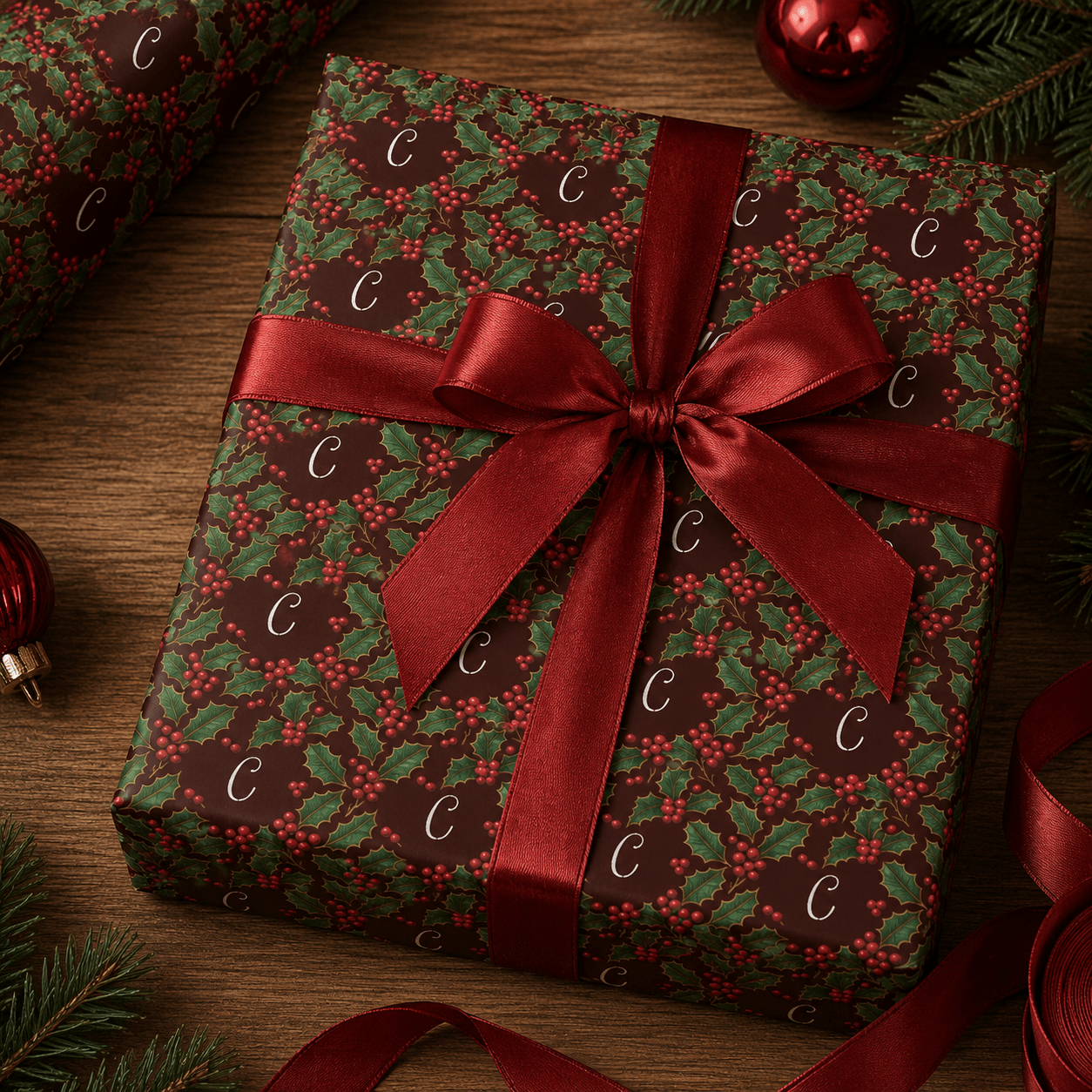 Personalized Victorian Holly Monogram Wrapping Paper | Custom Gift Wrap - London Penny Gift Wrap