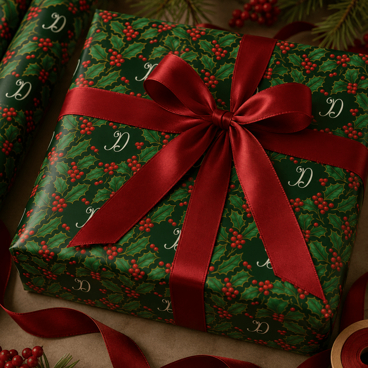Personalized Victorian Holly Monogram Wrapping Paper | Custom Gift Wrap - London Penny Gift Wrap