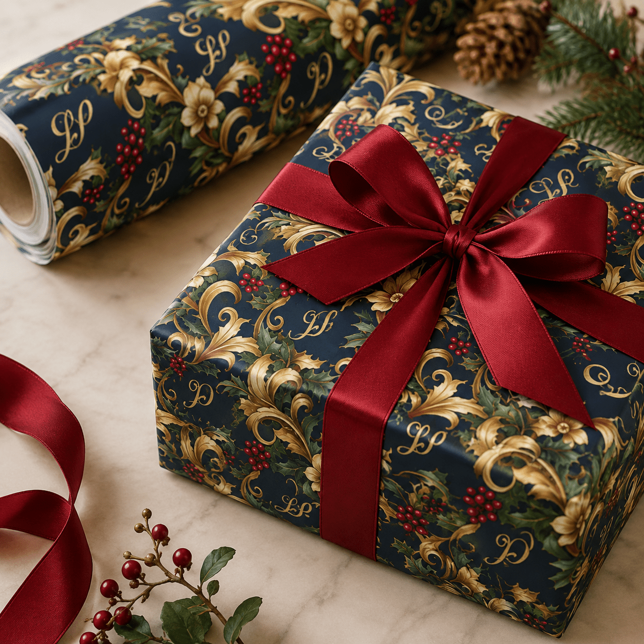 Personalized Baroque Evergreen Wrapping Paper | Custom Gift Wrap - London Penny Gift Wrap