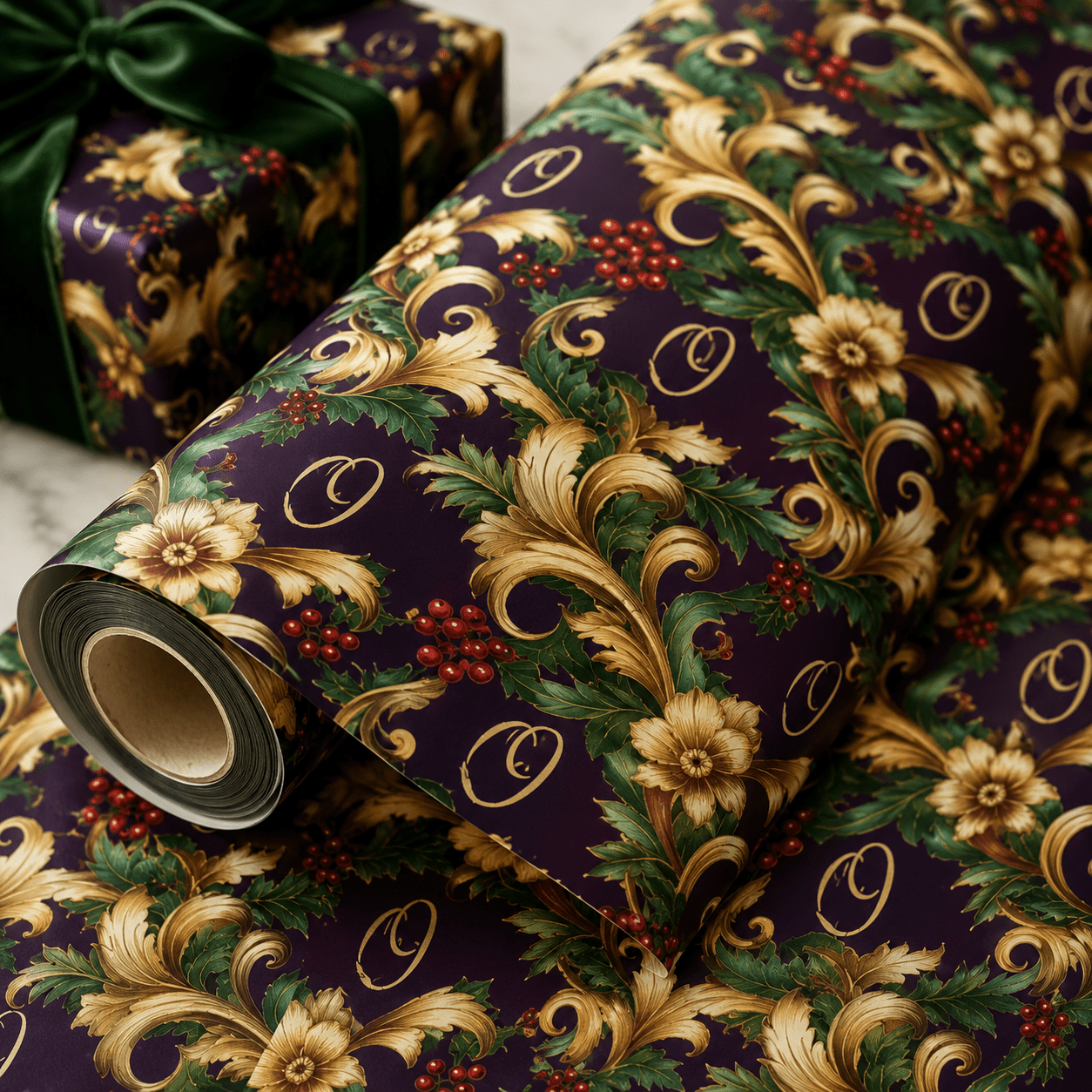 Personalized Baroque Evergreen Wrapping Paper | Custom Gift Wrap - London Penny Gift Wrap