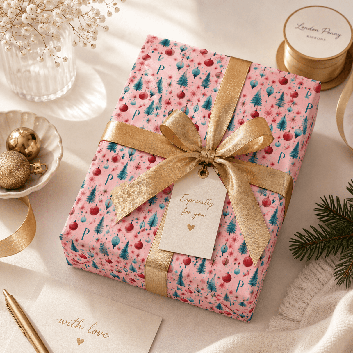 Personalized Midmod Merriment Monogram Wrapping Paper | Custom Gift Wrap - London Penny Gift Wrap