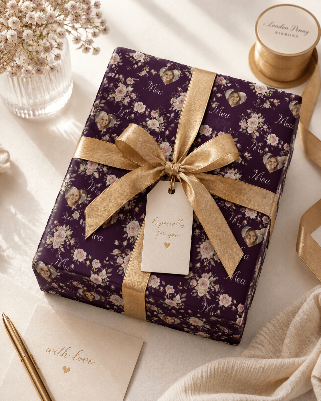 Personalized English Rose Meadow Wrapping Paper | Custom Gift Wrap - London Penny Gift Wrap