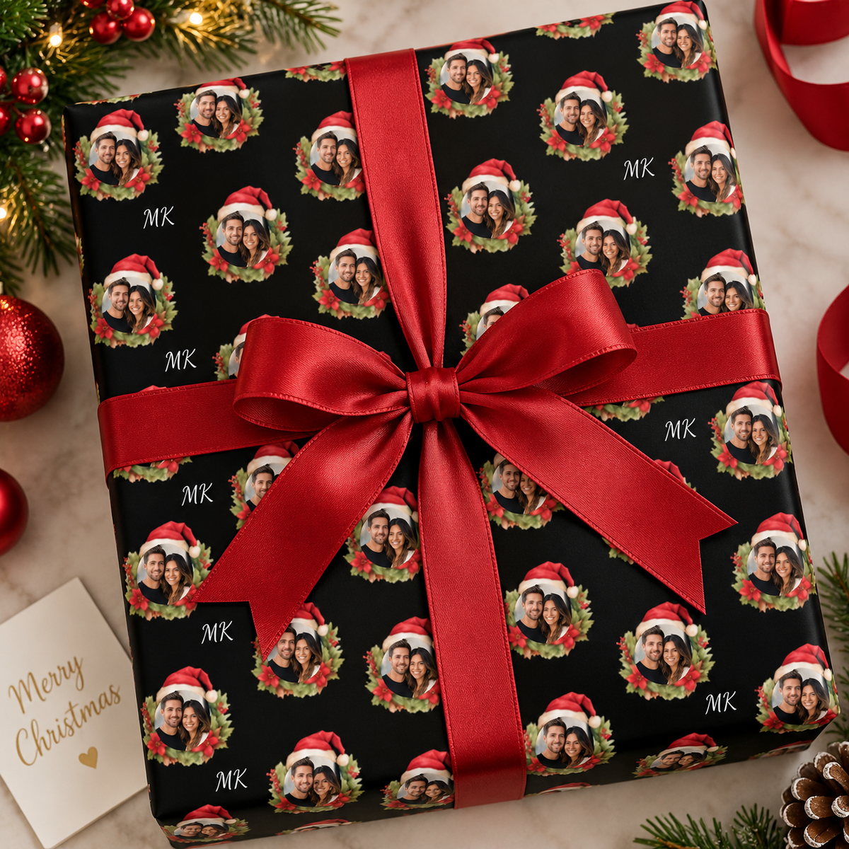 Personalized Festive Bear Wreaths Wrapping Paper | Custom Gift Wrap