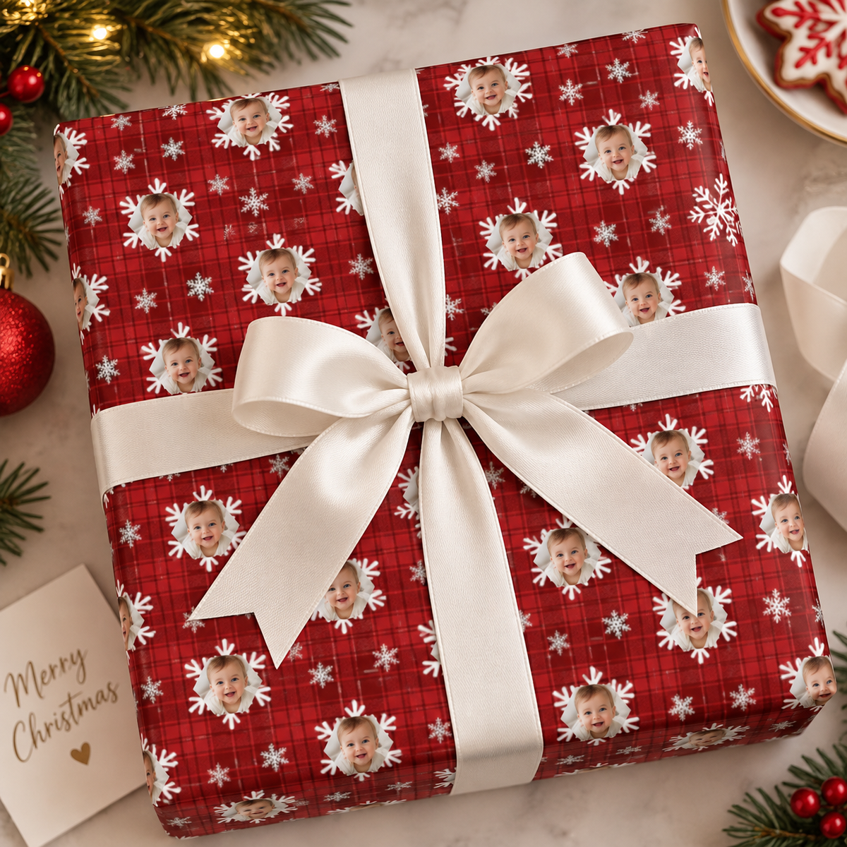 Personalized Holiday Plaid Snowfall Wrapping Paper | Custom Gift Wrap