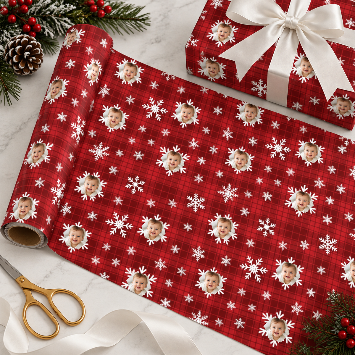 Personalized Holiday Plaid Snowfall Wrapping Paper | Custom Gift Wrap
