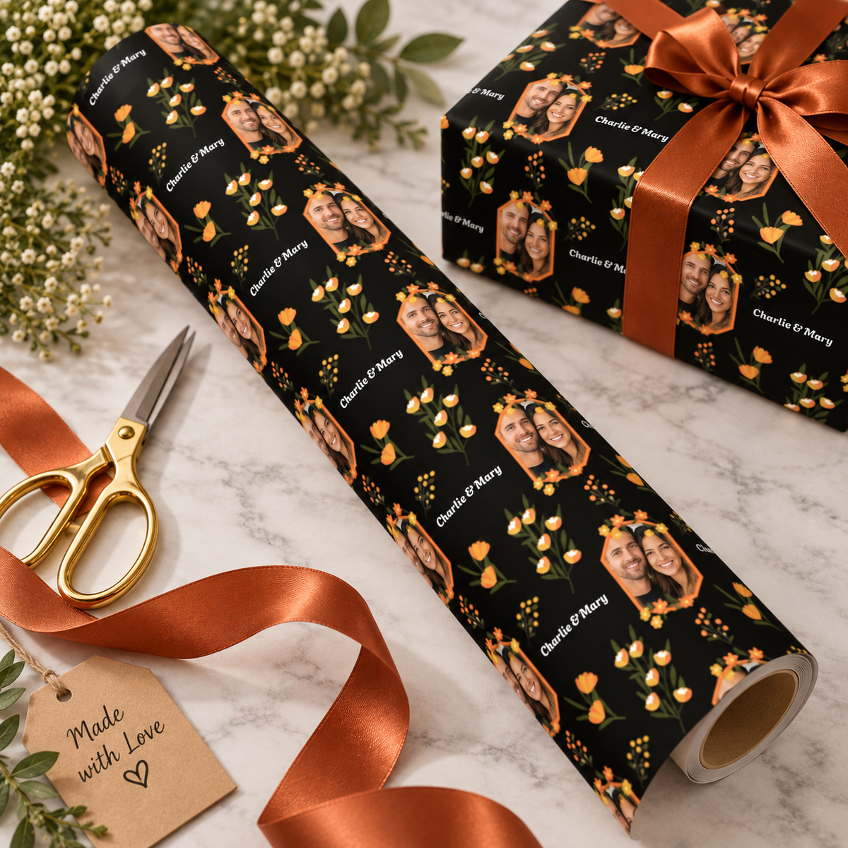 Personalized Orange Wild Flowers Wrapping Paper | Custom Gift Wrapper