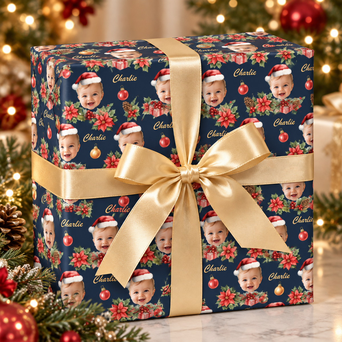 Personalized Holly Hats Wrapping Paper | Custom Gift Wrap