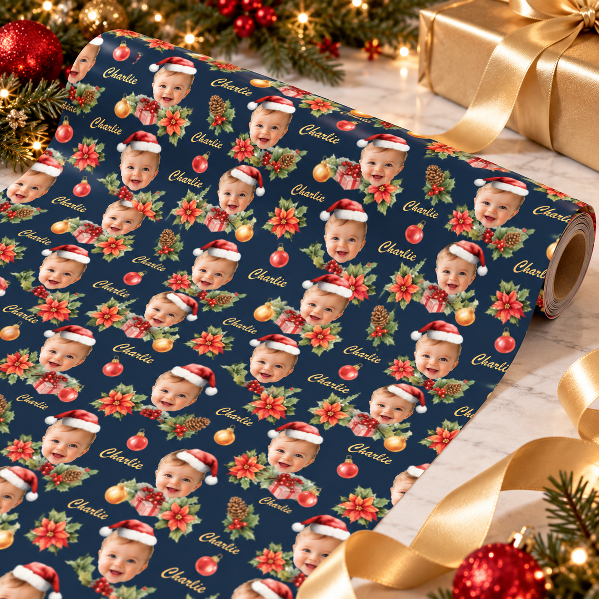 Personalized Holly Hats Wrapping Paper | Custom Gift Wrap