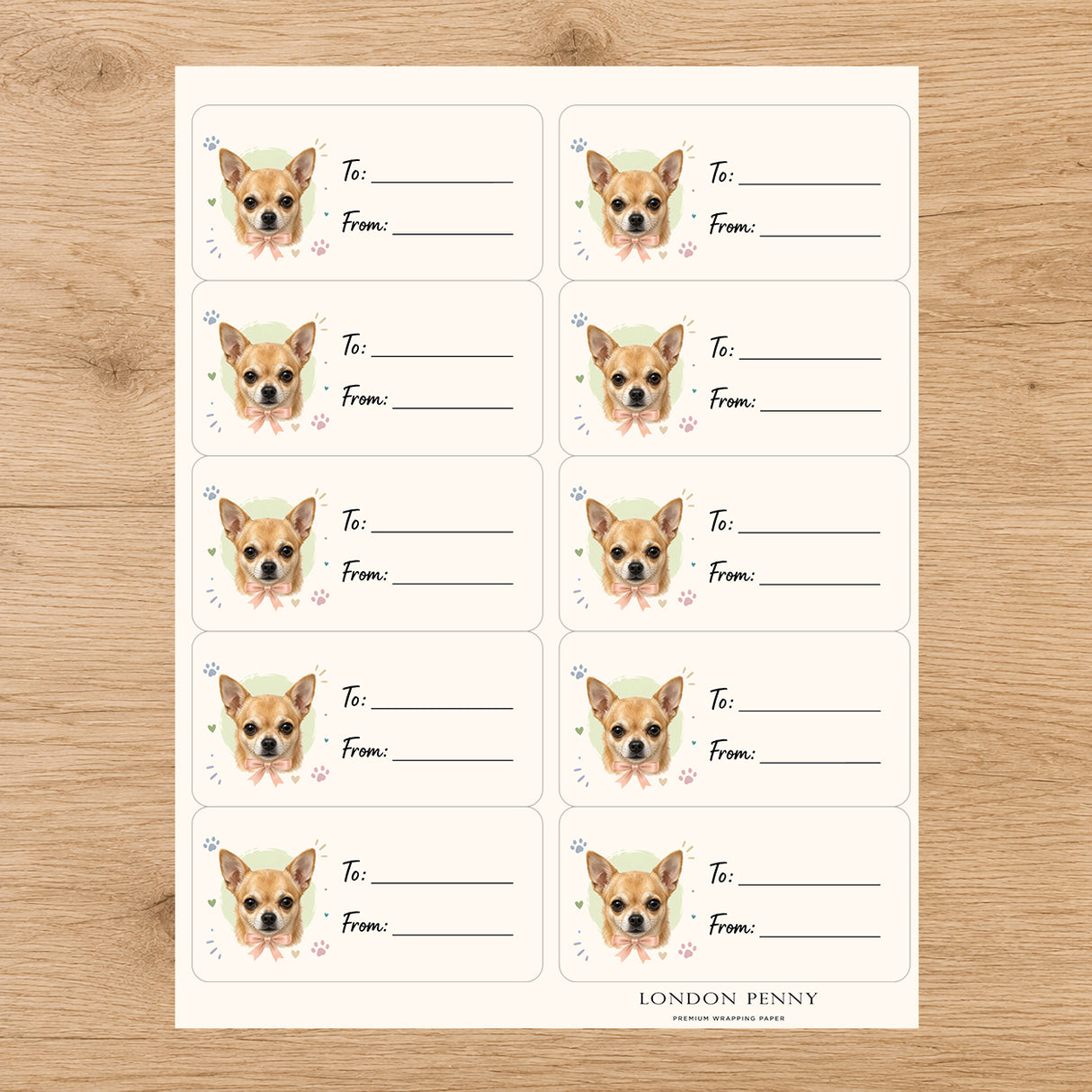 Chihuahua Paws & Bows Gift Tag Sticker Sheet