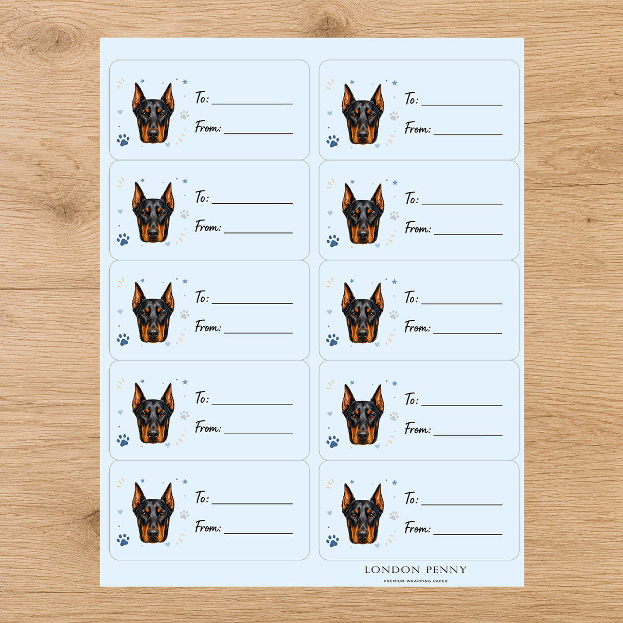 Doberman Pinscher Pawprint Wishes Gift Tag Sticker Sheet
