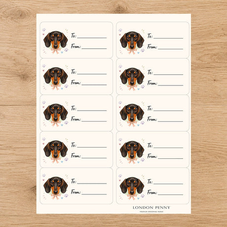 Dachshund Paws & Bows Gift Tag Sticker Sheet - London Penny Gift Wrap