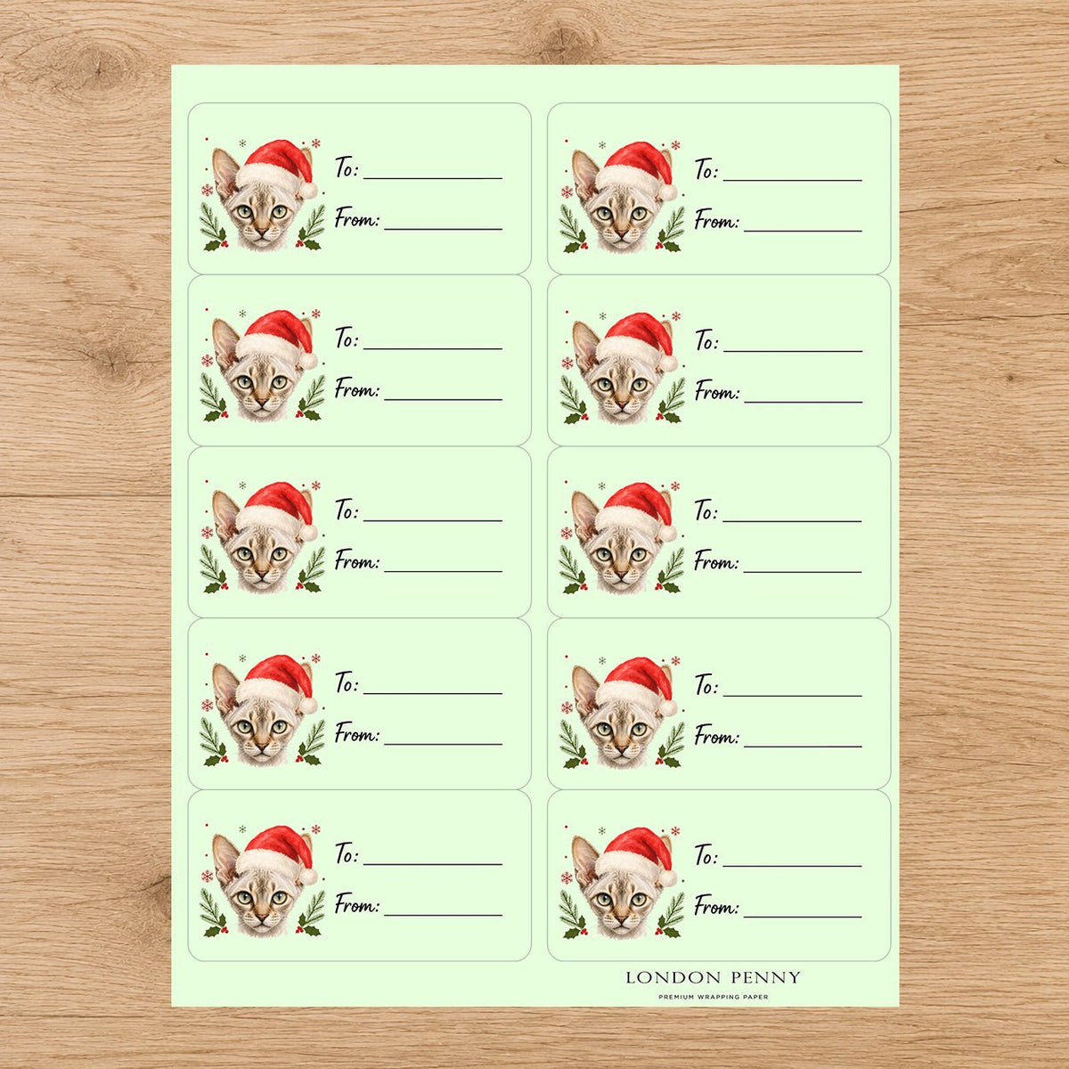 Devon Rex Santa Paws Gift Tag Sticker Sheet - London Penny Gift Wrap