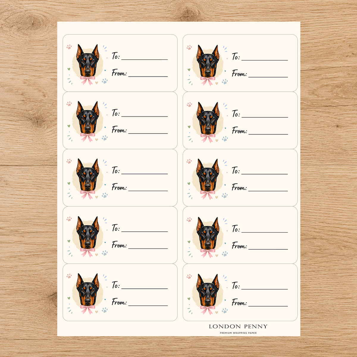 Doberman Pinscher  Paws & Bows Gift Tag Sticker Sheet
