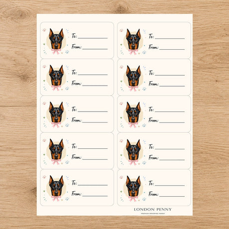Doberman Pinscher Paws & Bows Gift Tag Sticker Sheet - London Penny Gift Wrap