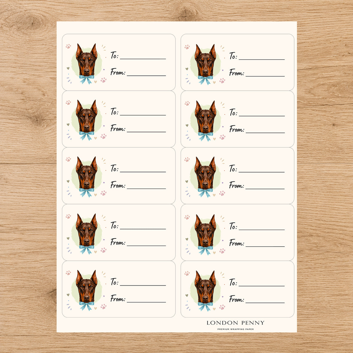 Doberman Pinscher  Paws & Bows Gift Tag Sticker Sheet