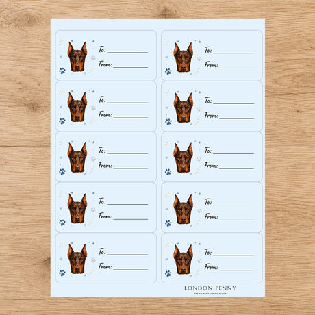 Doberman Pinscher Pawprint Wishes Gift Tag Sticker Sheet - London Penny Gift Wrap