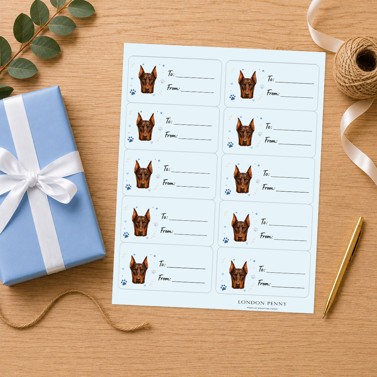 Doberman Pinscher Pawprint Wishes Gift Tag Sticker Sheet