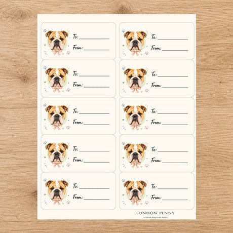 English Bulldog Paws & Bows Gift Tag Sticker Sheet - London Penny Gift Wrap