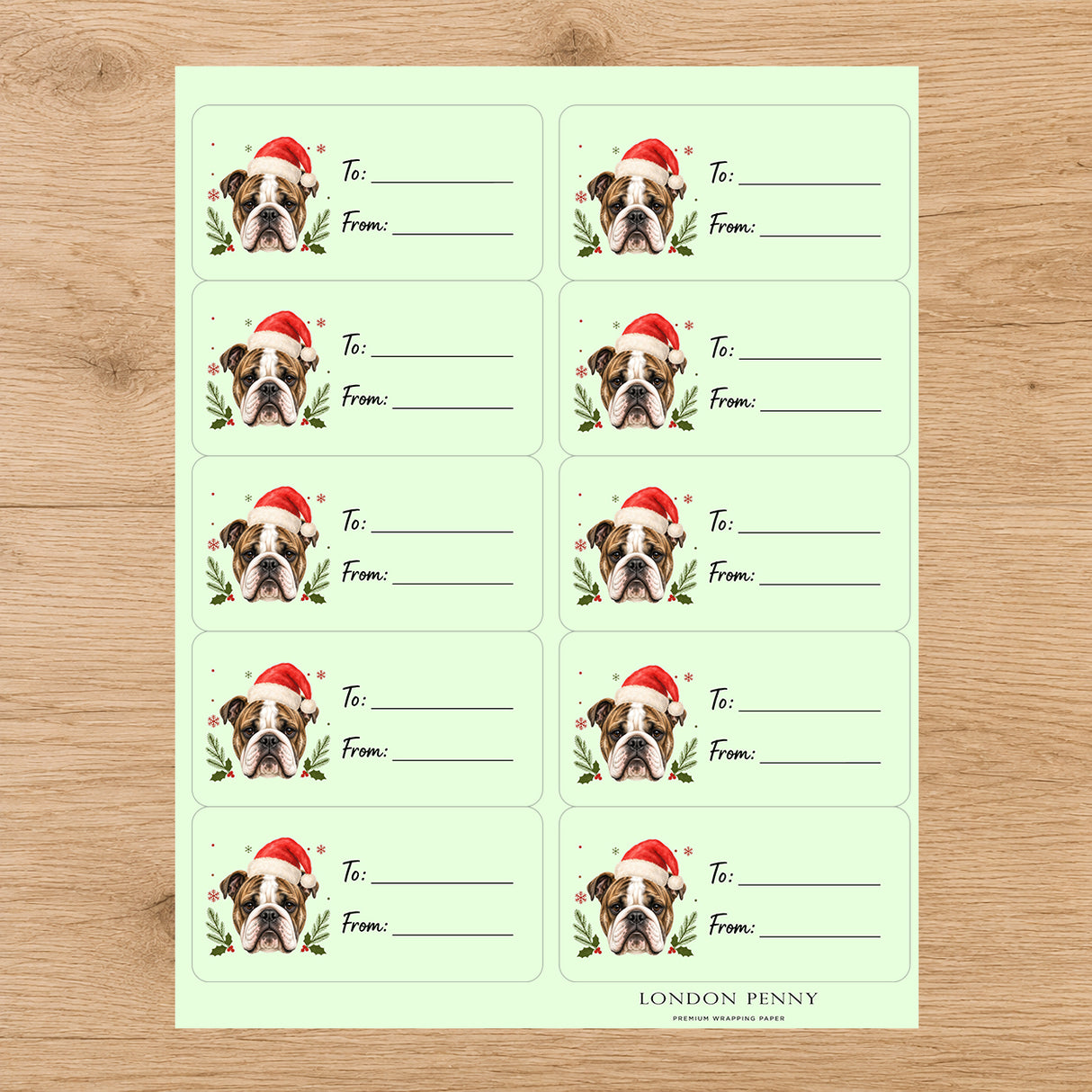 English Bulldog Santa Paws Gift Tag Sticker Sheet