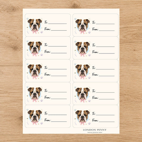 English Bulldog Paws & Bows Gift Tag Sticker Sheet - London Penny Gift Wrap