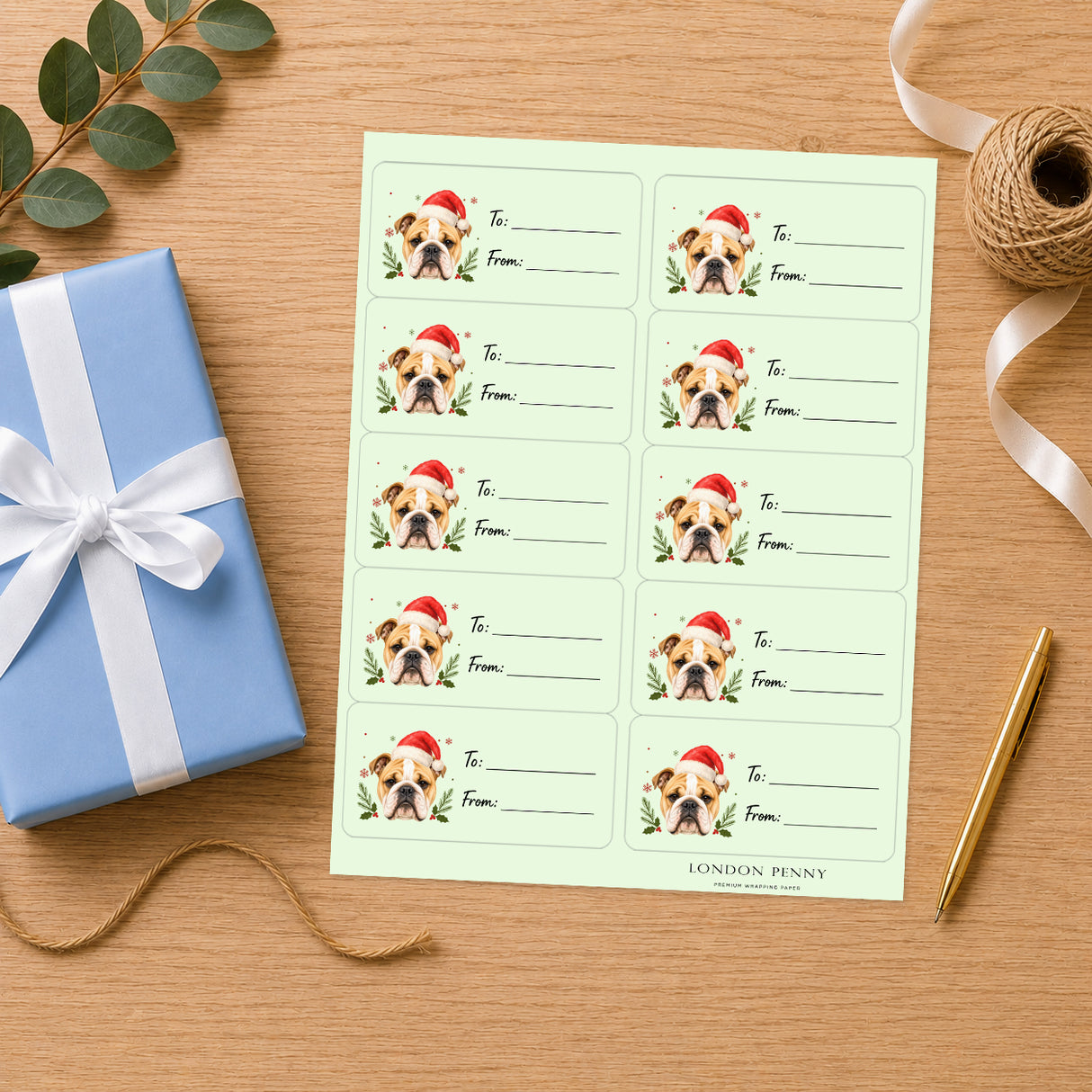English Bulldog Santa Paws Gift Tag Sticker Sheet