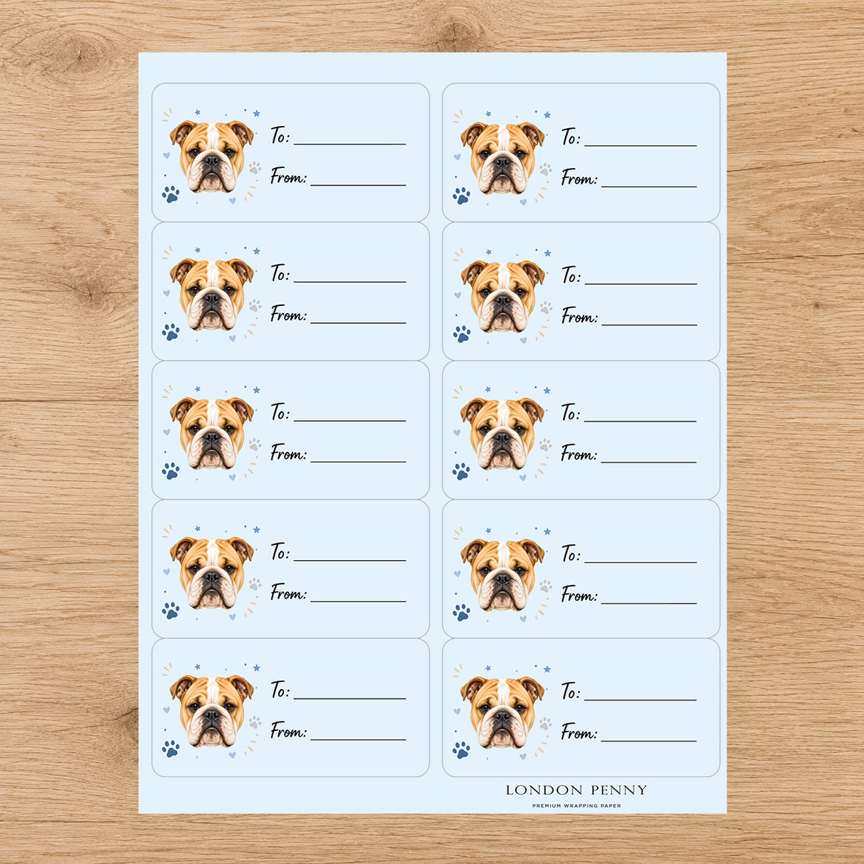 English Bulldog Pawprint Wishes Gift Tag Sticker Sheet