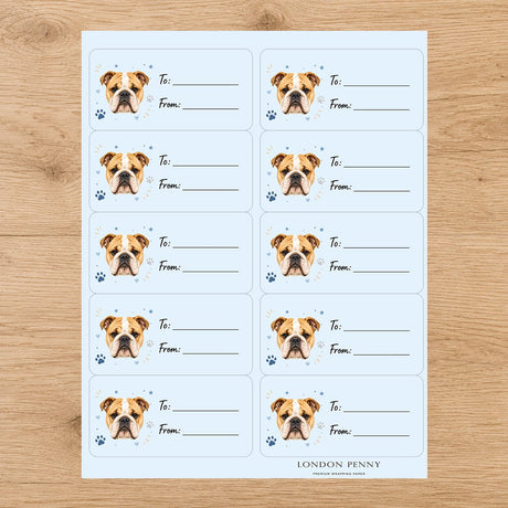 English Bulldog Pawprint Wishes Gift Tag Sticker Sheet - London Penny Gift Wrap