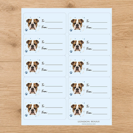 English Bulldog Pawprint Wishes Gift Tag Sticker Sheet - London Penny Gift Wrap