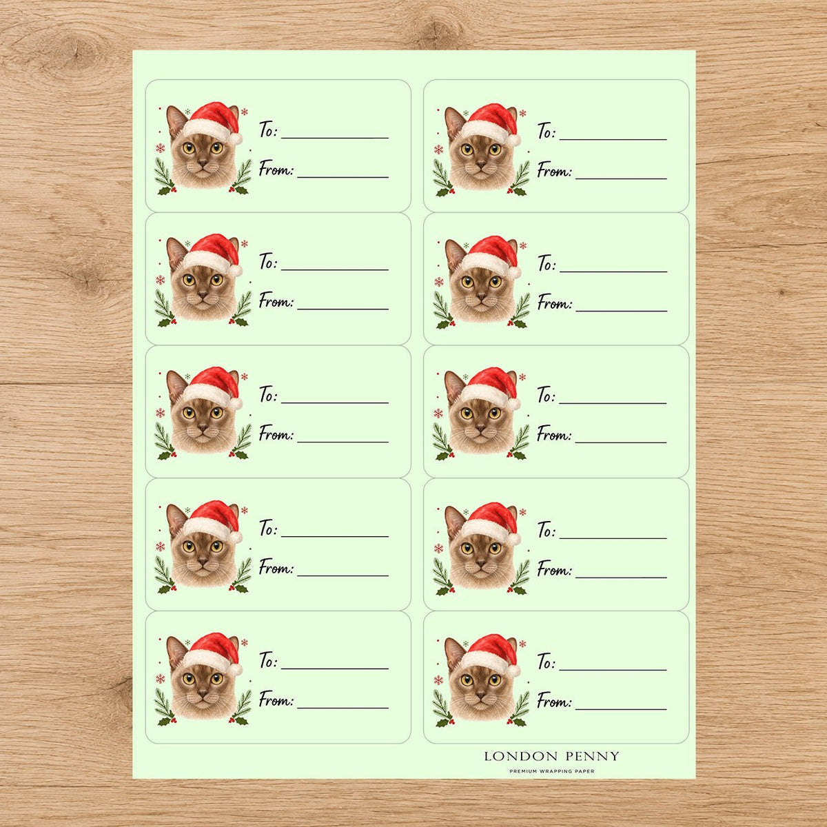 European Burmese Santa Paws Gift Tag Sticker Sheet - London Penny Gift Wrap