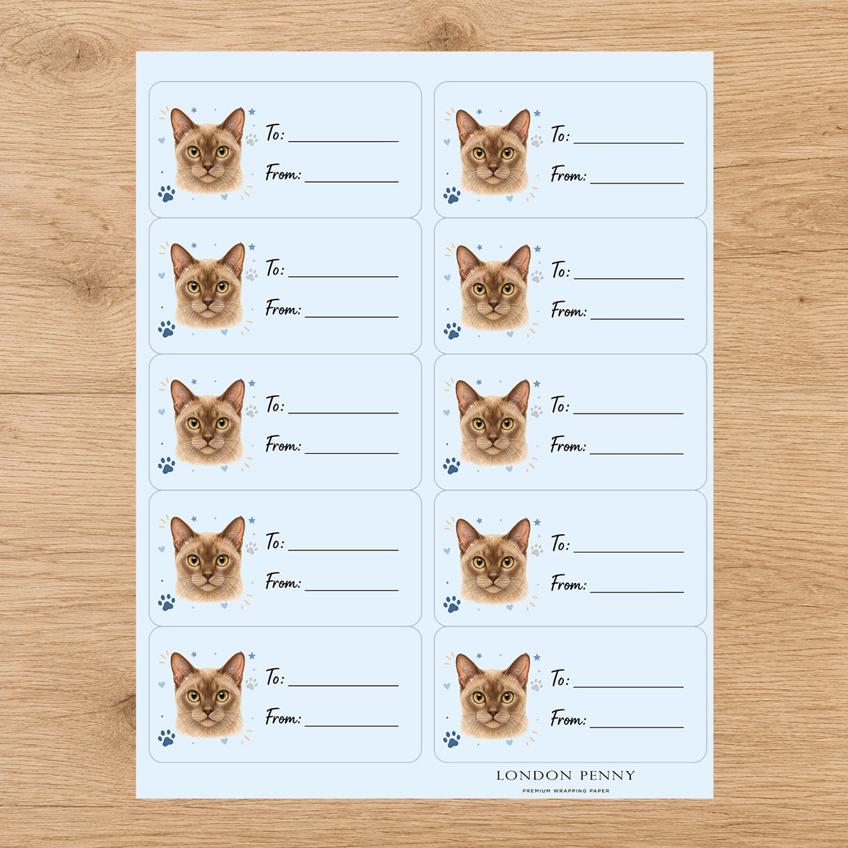 European Burmese Pawprint Wishes Gift Tag Sticker Sheet