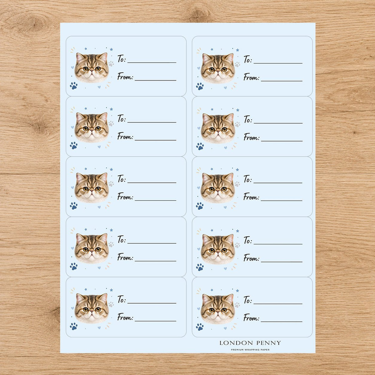 Exotic Shorthair Pawprint Wishes Gift Tag Sticker Sheet - London Penny Gift Wrap
