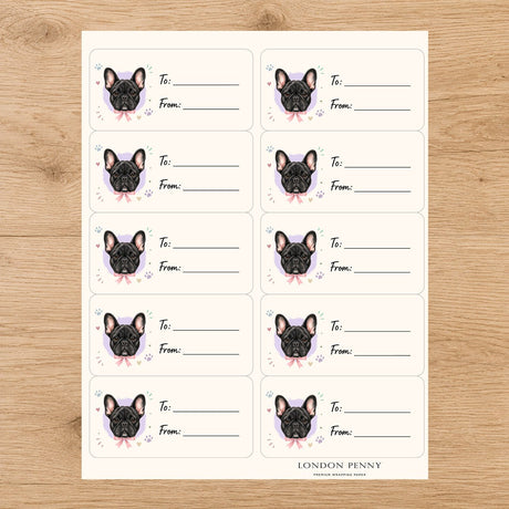 French Bulldog Paws & Bows Gift Tag Sticker Sheet - London Penny Gift Wrap